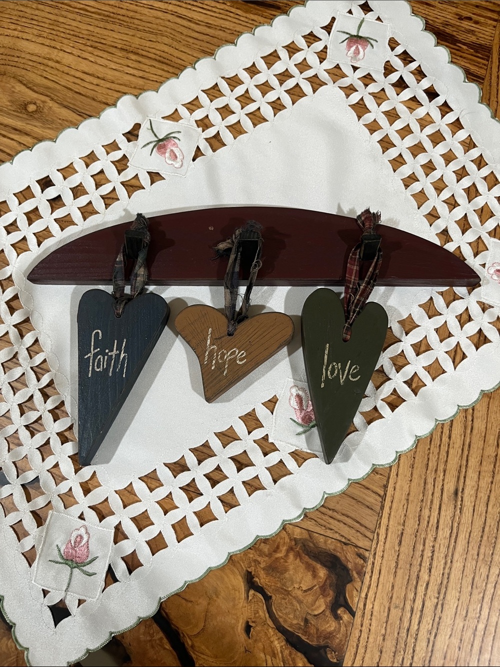 Faith Hope Love Rustic Heart Wall Hooks - Trio in Navy, Green , mustard yellow.